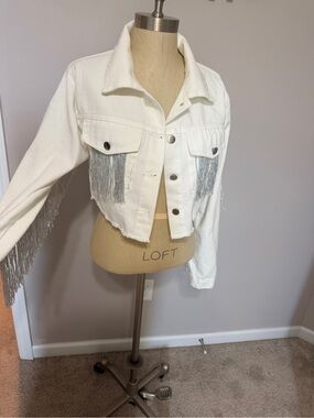 Cropped White Denim Jacket with Silver Fringe